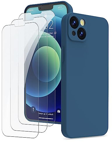 QFSM Kompatibel mit iPhone 13 Hülle und 3 Stück Hartglas Schutzfolie, Silikon Case Rundumschutz Anti-Kratzer Handyhülle (Stoßfester Kratzfestem Kameraschutz 360°-Schutz) für iPhone 13 6.1'' (Blue)