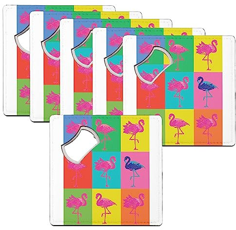 sous Verre Décapsuleur - Mosaïque de Flamants Roses Pop Art Colorés Pep's Moderne Animaux - Lot de 6 (92 x 92 mm)