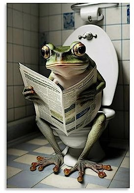 WEERSHUN Poster Frosch auf Toilette, Lesezeitung, Kinderbadezimmer, Humor, lustiges Tier auf Toilette, schwarz-weiß, Poster, 90er-Jahre-Leinwand, Wandkunst, Raum, ästhetische Dekoration, Poster, 30 x
