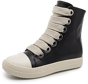 Scarpe da ginnastica alte da donna, con lacci, in pelle PU, comode, con plateau, con cerniera, Nero , 42 EU
