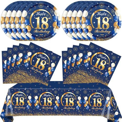 41PCS 18st Birthday Decorations for Him Blue and Gold Themed Happy 18 year old Birthday favors Plates Napkins tablecloth Set for Men Boy