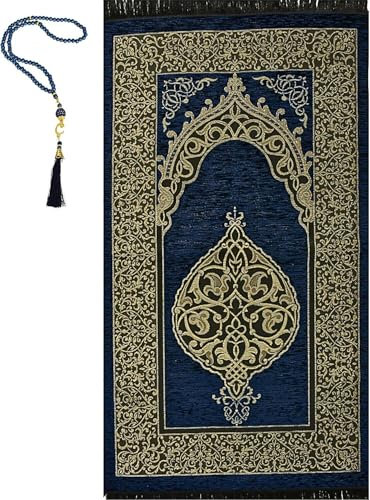 Prien Gebetsteppich Muslim mit Tesbih | Seccade mit Gebetskette | Gebetsmatte Islam für Frauen | Islamische Teppich Geschenke Set für Männer | Prayer Mat Geschenk Gebet Ramadan Namazlik (Marineblau)