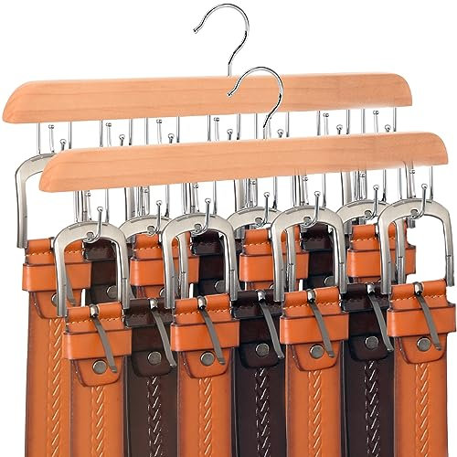 Portacinture,Organizer Armadio con 14 Girevoli Ganci,Grucce Portacinture da Armadio,Gancio Multifunzionale per Cintura in Legno,Salvaspazio per Armadio,Naturale,2 pezzi