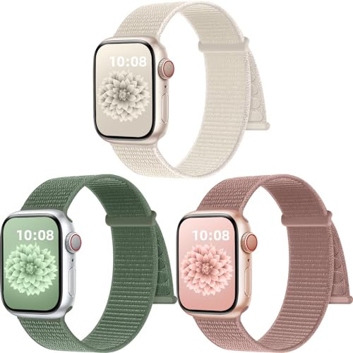 PIOWNN 3 Stück Nylon Armband Kompatibel mit Apple Watch Armband 41mm 40mm 38mm 42mm 44mm 45mm 46mm 49mm Damen Herren, Klettverschluss Sport Loop Armband für iWatch SE Series 10 9 8 7 6 5 4 3 2 1 Ultra