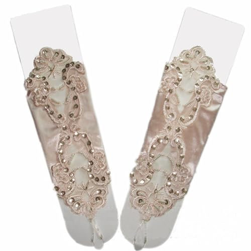 Wooauto Damen Spitze Elegant Kurze Handschuhe Pailletten-Spitze Satin Handschuhe Fingerlose Bestickte Handschuhe Abendhandschuhe Spitze Hochzeit Handschuhe Armmanschette Spitze Armstulpen,golden