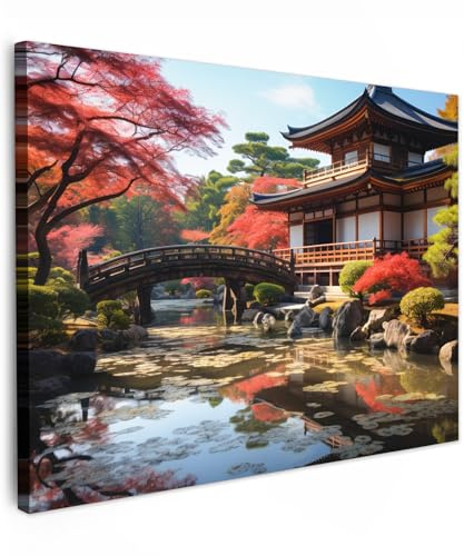 MuchoWow© Cuadros Decoración Salon Modernos 70x50 cm Pinturas Lienzo Decorativo para Pared Decoracion Hogar Lienzos Jardín japonés - Río - Arboles - Naturaleza - Japón