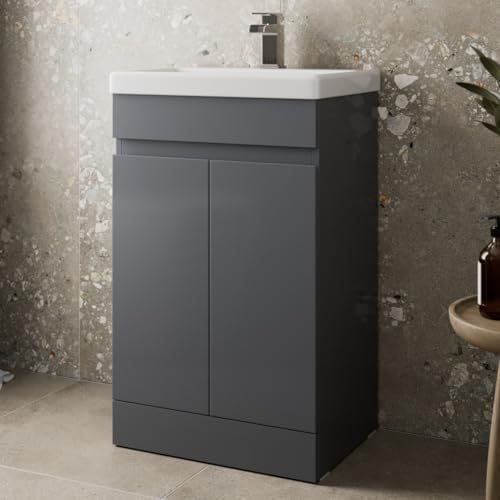 Artis 500mm Bathroom Vanity Unit With Wash Basin Ceramic Sink, 2 Double Door, Cloakroom Storage Furniture Under Basin Cabinet, Floorstanding Cabinets, Grey Gloss