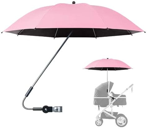 Baby Pram Parasol with Adjustable Clamp, Clip On Stroller Umbrella, Universal Pram Parasol with 360° Adjustable Sun Shade for Pram, UPF50+ Parasol Umbrella with Adjustable Fixing Clamp (Pink)