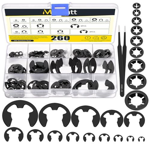 Mardatt 261Pcs Internal Tooth Star Lock Washers and E-Clip Assortment Set, 9 Sizes Quick Speed Locking Washers(M2-M12), 14 Sizes E Clip Circlip External Retaining Rings(1.5mm-22mm) - Black