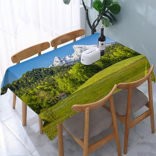 SDAEMQ Häuser gedruckte Tischdecke für Esstisch,Bayerische Alpen mit dem Dorf Berchtesgaden und dem Watzmann-Massiv, Nationa,100% Baumwolle,maschinenwaschbar,langlebig,rechteckig,Restaurant,137x200 cm