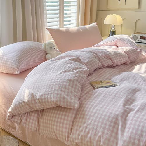 Menkala Bettwäsche 155x220 Rosa Weiß Kariert Karo Muster Modern Bettbezug Set Landhausstil Geometrisch Karomuster Renforce Gewaschene Microfaser Deckenbezug und Kissenbezug 80x80 Reißverschluss