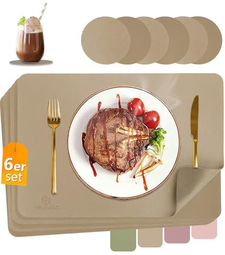 HELI MIAO Tischsets Abwaschbar,Platzsets Abwischbar,Tischset Leder,Hitzebeständig Doppelseitigen I 6er Set Platzdeckchen Lederoptik mit Untersetzer,Tischuntersetzer,Platzdecken Gold