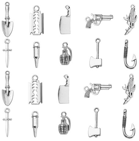 Ornazy 100 pcs 10 Styles Tibetan Mystery Killer Police Tools Charms Antique Silver Bomb Gun Knife Axe Charms for Jewellery Making and Crafting