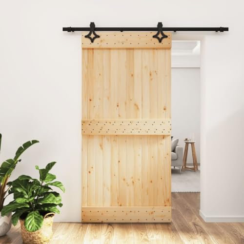 Gecheer Set Porta,Scorrevole,del Granaio,con Kit Binario,Se Hardware,Ferramenta,in Legno di Pino,Naturale e Nero,B,100x210 cm,Binario 200 cm,Porta del Granaio Sorrevole con Kit Binario