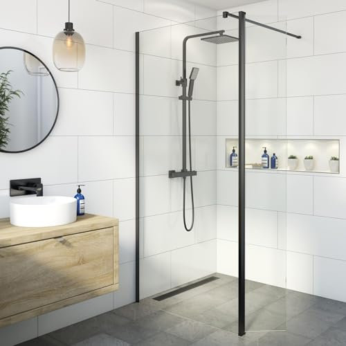 BAYSTONE® 1000mm Wet Room Shower Screen Panel 8mm Toughened Safety Easy Clean Glass Walk in Shower Enclosure + Hinged Return Panel, Frameless, Matt Black