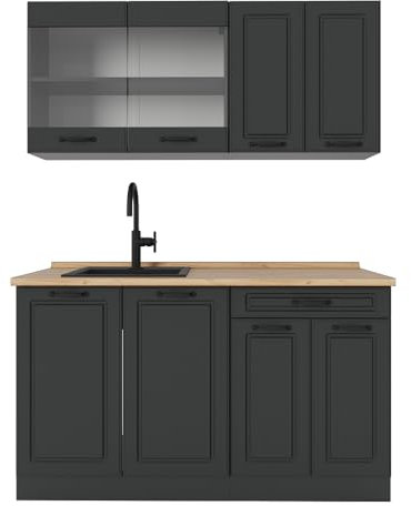 Vicco Küchenzeile R-Line, Anthrazit Landhaus/Anthrazit, 140 cm, AP Eiche