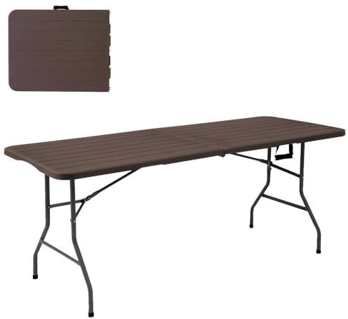 LOLAhome - Mesa Plegable maletín marrón Oscuro Efecto Madera de 180x74 cm, Resistente y fácil de Montar, con Estructura de Acero anticorrosión y HDPE. Ideal para Exterior, Catering, terraza y Eventos