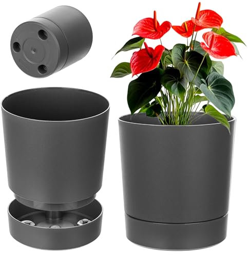 KADAX Vaso da fiori con sottovaso, diametro 20 cm, in plastica per interni, con superficie opaca per piante da interno (antracite)