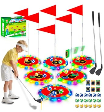 VATOS Juego de Golf 2 en 1 con Luz para Niños - Juego de Astillado y Lanzamiento de Bolsa de Puf con 6 Objetivos LED, 2 Palos, 18 Bolas, Juego de Golf Nocturno para Fiesta en Interiores y Exteriores