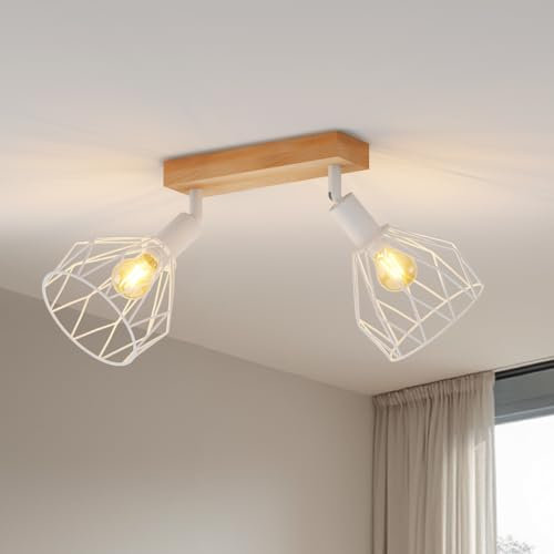 LVWIT Deckenleuchte 2 Flammig E14 Deckenlampe Flur Deckenstrahler Weiß Holz Deckenspot Wandstrahler Schwenkbar 350° für Wohnzimmer Schlafzimmer Küche (ohne Leuchtmittel)