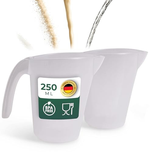 Novaliv 2x Messbecher 250ml, Meßbecher Set transparent mit klarer g/ml Skala für Flüssigkeiten Mehl & Zucker, Made in Germany, Spülmaschinenfest, Rührschüssel Dosierbecher Messbehälter