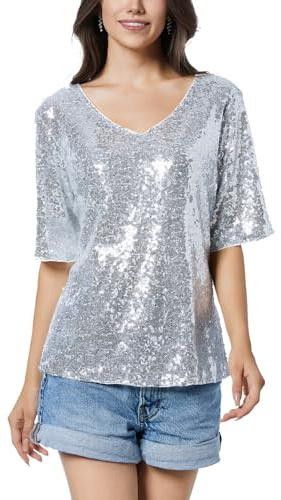 Damen Pailletten Oberteil V-Ausschnitt Glitzer Tops Kurzarm Party Bluse T-Shirt Freizeit Sommer Cocktail Club Night Outfits