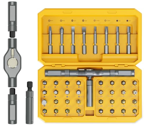 ORIA Set di Cacciaviti Magnetici, 42 in 1 Set di Cacciaviti a Cricchetto di Precisione con 40 Punte, Impugnatura a Cricchetto a T Rimovibile, Magnetizzatore, Kit di Strumenti di Riparazione - Giallo