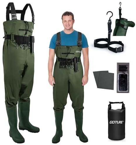 Goture Waterproof Bootfoot Chest Wader, 2-Ply Nylon/PVC Adjustable H-Back Shoulder Straps Waist Belt Waders with Boot for Men Women