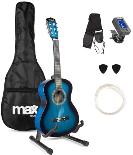 MAX SoloArt Junior - Akustik Gitarre 3/4, Kinder Gitarre inkl. Stimmgerät, Ständer, Tasche, Plektrum, Gurt und Saiten-Zubehör, 3/4 Guitar in Holz Blau