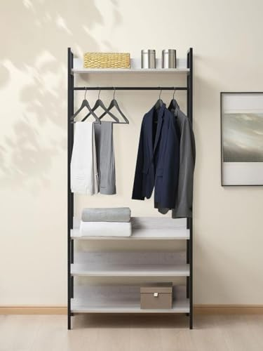 Swish Furniture Alva White Oak and Black Metal Frame Open Wardrobe with 4 Shelves, Freestanding Wardrobe, Hanging Clothes Rail, 180H x 42.5D x 80Wcm, Clothes Rack for Bedroom