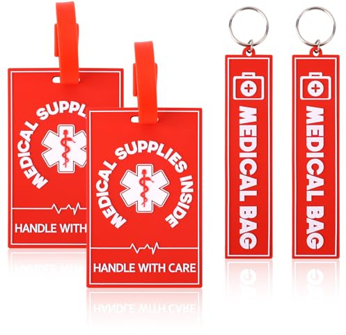 4pcs Medical Alert Tags for Bag, 2 Styles Medical Device Luggage Tag with Straps Information Cards & Key Ring for Professional Equipment Travel Suitcases Backpack