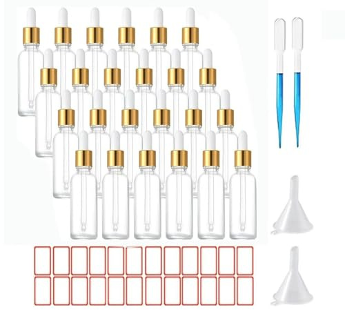 ToKinCen 24 x 30ml Dropper Bottles Transparent Glass with Glass Pipettes Essential Oil Small Sample Dropper Refillable Includes Plastic Funnels and Labels