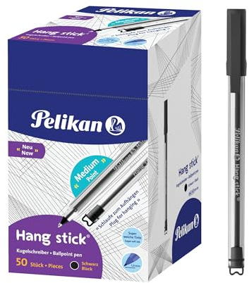 Pelikan Hang Stick Kugelschreiber Schwarz, 50er Pack, 1 Spitze, ergonomischer Dreikant-Griff, mit Clip & Aufhängeschlaufe