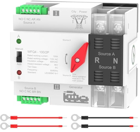Akfldms Interruptor de Transferencia Automático de 100 A CA 110 V, Doble Potencia, ATS 2P, Montaje en Riel DIN para Generador Doméstico, Autocaravana y Uso Público.