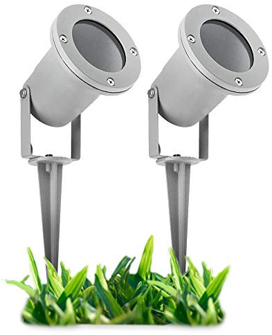 SSC-LUXon 2 Stück LED Gartenstrahler mit Erdspieß für außen in grau - mit 3W GU10 LED neutralweiß - Rasenlicht Gartenleuchte schwenkbar