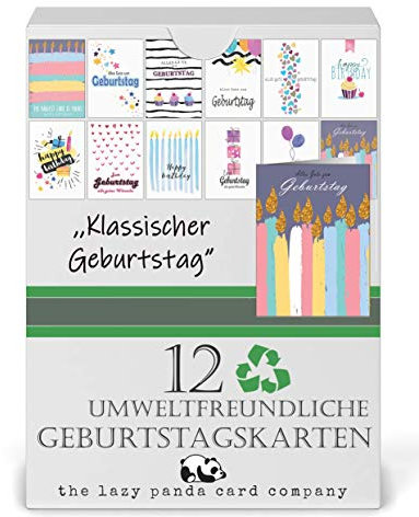 Geburtstagskarten Set - 12 umweltfreundliche Karten und Umschläge aus recyceltem Papier, Kindergeburtstagskarten, Geburtstagskarten für Erwachsene