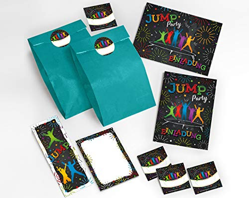 JuNa-Experten 6 Einladungskarten Kindergeburtstag Jump Trampolin Mädchen Junge incl. 6 Umschläge, 6 Tüten / blau, 6 Aufkleber, 6 Lesezeichen, 6 Blöcke
