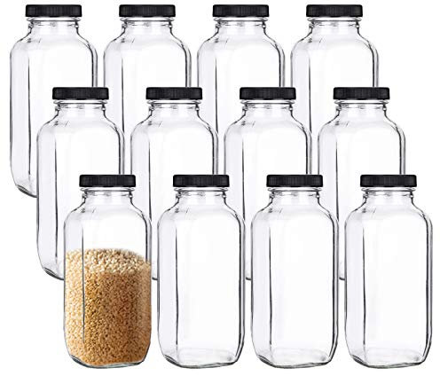 Yarlung 12 Pack 17Oz/500ml French Glass Spices Jars with Plastic Lids, Clear Square Water Bottles for Storing Herbs, Condiments, Cereals, Juice, Milk, Beverages, Kitchen, Pantry, Home, Office