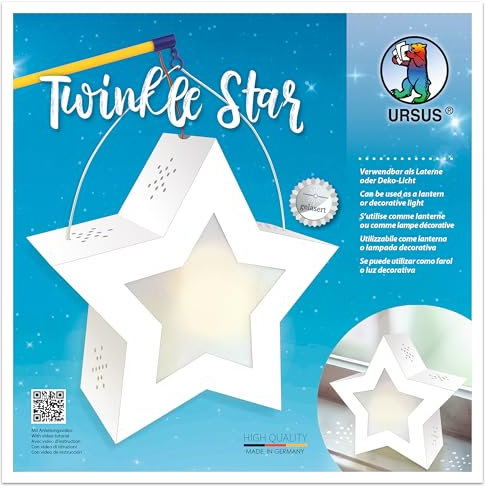 Ursus 18770002 - Twinkle Star, weiß, ca. 19,3 x 18,3 x 8 cm, Laternen Rohling Stern aus Fotokarton 300 g/m² gelasert und genutet, 2 Sterne aus Transparentpapier 115 g/m², Laternentragebügel