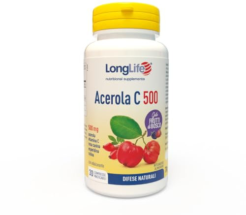 LongLife® Acerola C 500 | Integratore masticabile con acerola, vitamina C, rosa canina, esperidina e rutina | Difese immunitarie | 30 cpr | Gusto frutti di bosco | Vegano e senza glutine