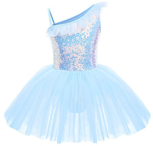 IWEMEK Kinder Ballettkleidung Mädchen Ballettkleid Ärmellos Rüsche Pailletten Balletttrikot Ballettanzug Tanzkleid Tanzbody mit Tütü Rock Ballettrock Gymnastik Tanzbekleidung Blau 9-10 Jahre