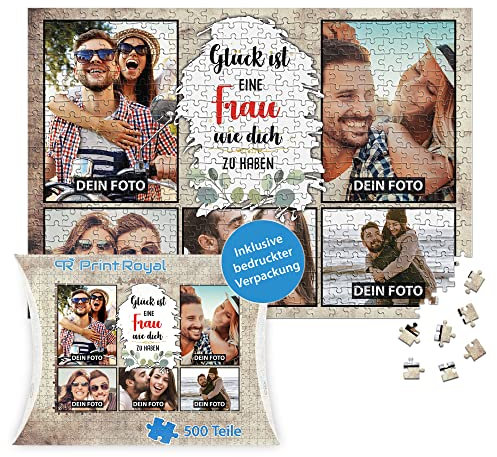 PR Print Royal Foto-Puzzle mit 5 Fotos Bedrucken - Glück ist eine Frau wie Dich zu haben - Collagen-Puzzle selber gestalten für die Frau - 500 Teile inkl. hochwertiger Kartonverpackung
