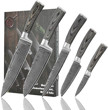 Wakoli Edis 5er Profi Damastmesser-Set, 8-20 cm Klingen, 67 Lagen Damaststahl mit VG10-Kern, Pakkaholzgriff, In edler Geschenkbox – Hochwertiges Profi Küchenmesser Set