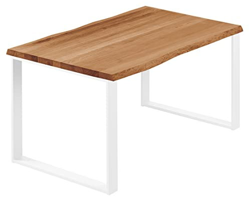 LAMO Manufaktur Esstisch Küchentisch Schreibtisch Couchtisch aus Massivholz, mit Baumkante 120x60x76 cm (AxBxH), Modern, Dunkel/Weiss, LCB-01-A-004-9016M