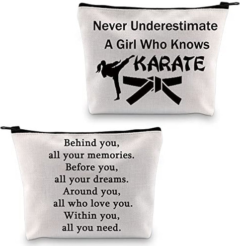 PXTIDY Karate Gifts Kampfsport-Make-up-Tasche A Who Knows Karate mit Reißverschluss, Segeltuch-Tasche Tae Kwon Do Gifts, Beige, Middle