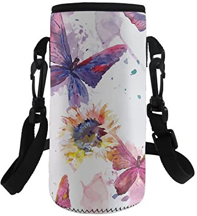 COEQINE Water Bottle Carrier Bag Case, Insulated Neoprene Water Bottle Holder with Adjustable Shoulder Strap for Men Women Kids Hiking,with Sunflower Butterfly Pattern