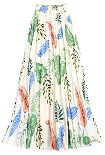 Coolwife Womens High Waist Skirts Midi Swing Pockets Elastic Waist A Line Boho Floral Print Skirt (Plam Beige)