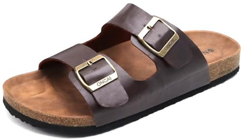 ONCAI Hausschuhe Herren, Kork Pantoletten Flache Sommerstrand Schlappen Drinnen und Draußen Sandalen Mit Verstellbarer Rieme Braun EU 44