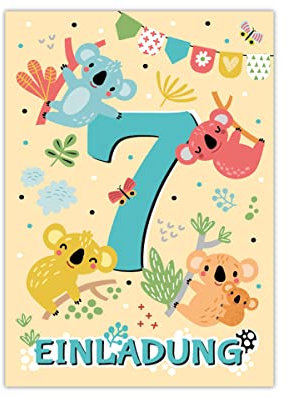12 Einladungskarten zum 7. Kindergeburtstag siebte Geburtstag Mädchen Jungen Koala
