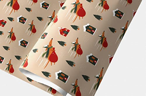 Santa Hunde Weihnachtspapier Set: Lustiges Geschenkpapier mit fliegendem Weihnachts Hund und Weihnachtsbäumen Dekorpapier zum Einpacken von liebevollen Geschenken, Format: 32 x 48cm, 4 Bogen